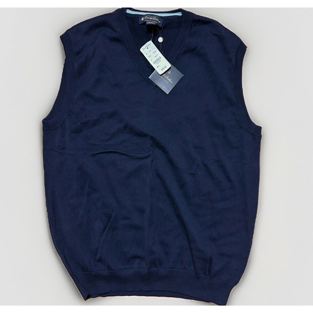 Brooks Brothers Supima Cotton Knit Sweater Vest Mens Medium Navy Blue V-Neck NEW